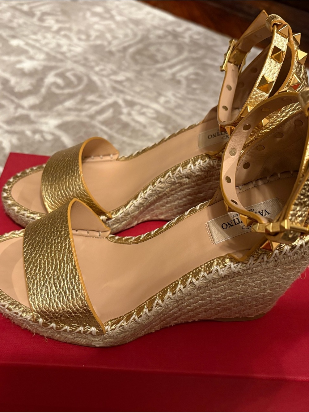 Valentino Gold Leather Ankle-Strap Wedge Espadrilles